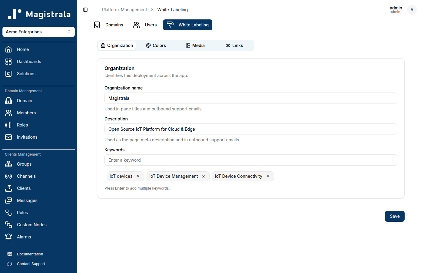 White Labeling page, Organization tab, before any changes